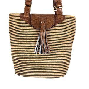 Shoulder Handbag Hobo Brown Textured woven Faux Leather Tassel Boho Chic